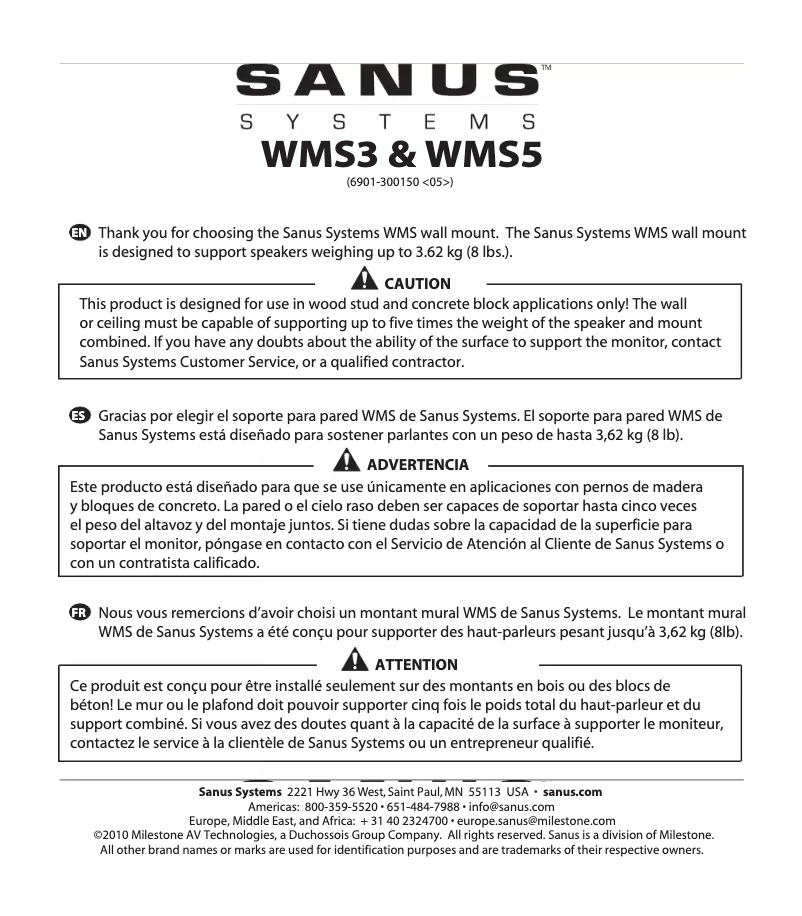 Page 1 de la notice Manuel utilisateur Sanus WMS3