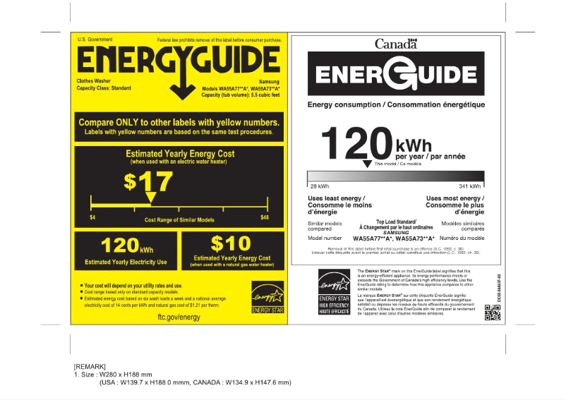 Page 1 de la notice Label énergétique Samsung WA55A7300AE
