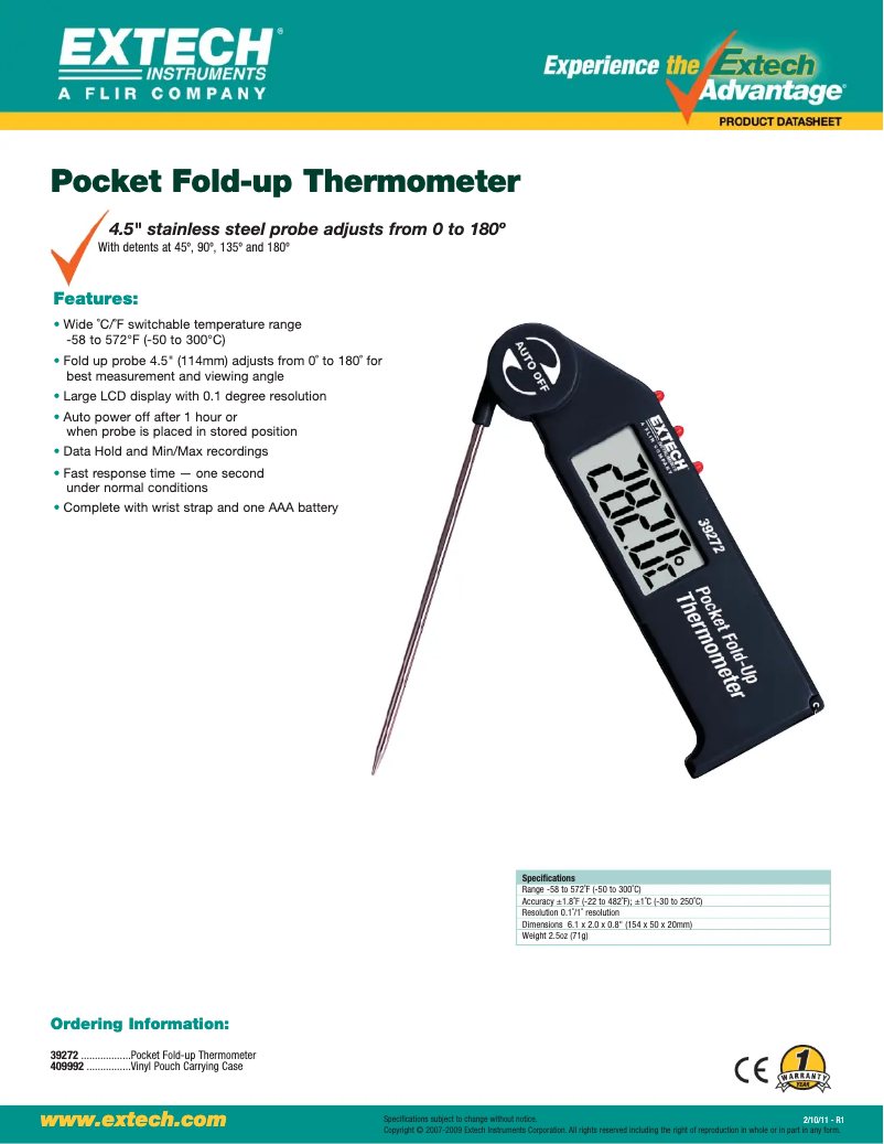 Page 1 de la notice Fiche technique Extech 39272