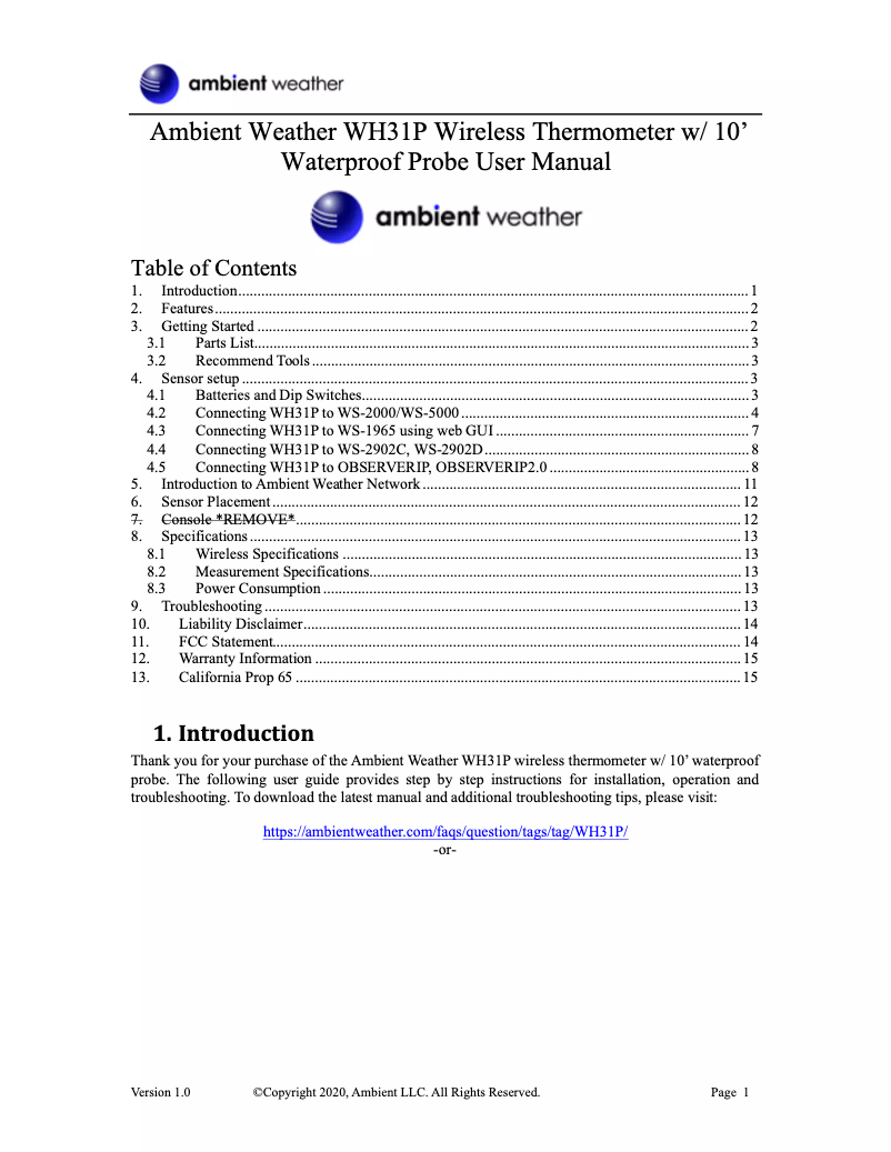 Page n°1 - Manuel utilisateur Ambient Weather WH31P
