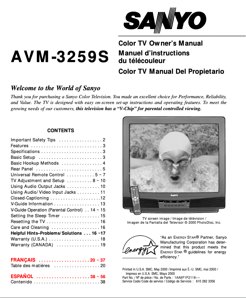 Page 1 de la notice Manuel utilisateur Sanyo AVM3259S
