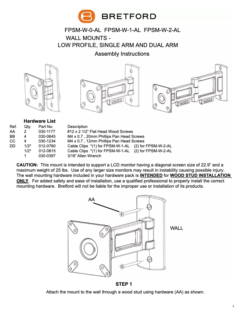Page 1 de la notice Manuel utilisateur Bretford FPSM-W-1-AL