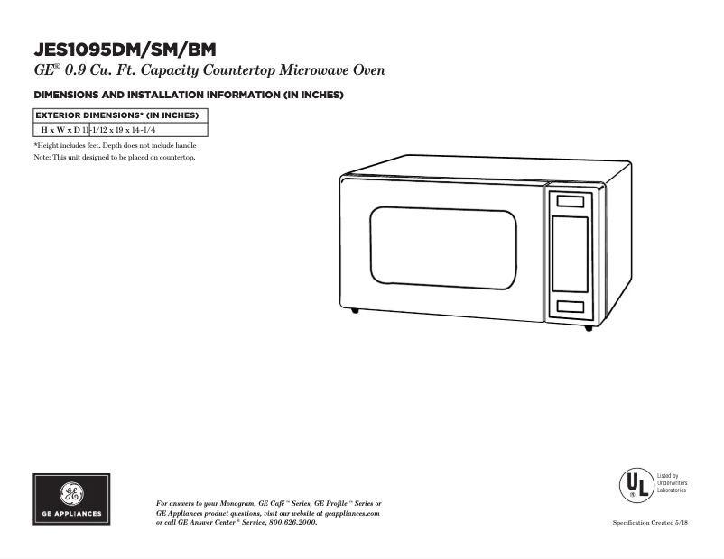 Page 1 of the manual Technical Sheet GE JES1095BMTS