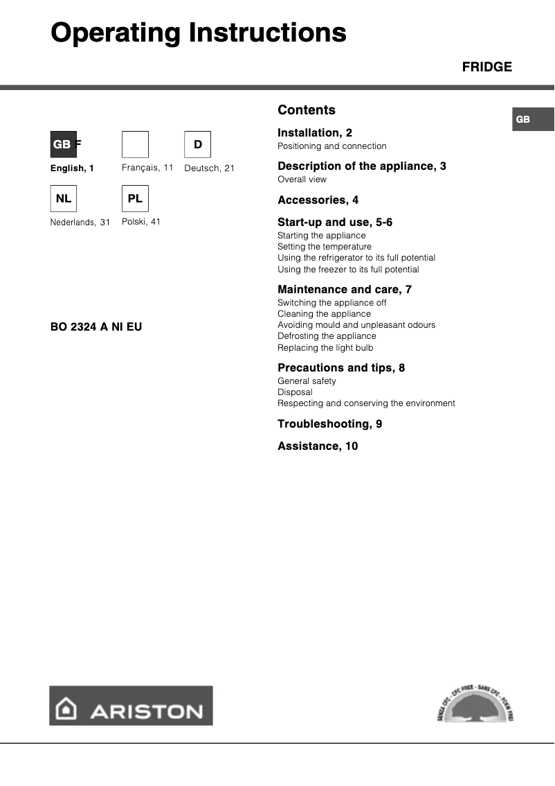 Page 1 de la notice Manuel utilisateur Hotpoint Ariston BO 2324 A NI EU