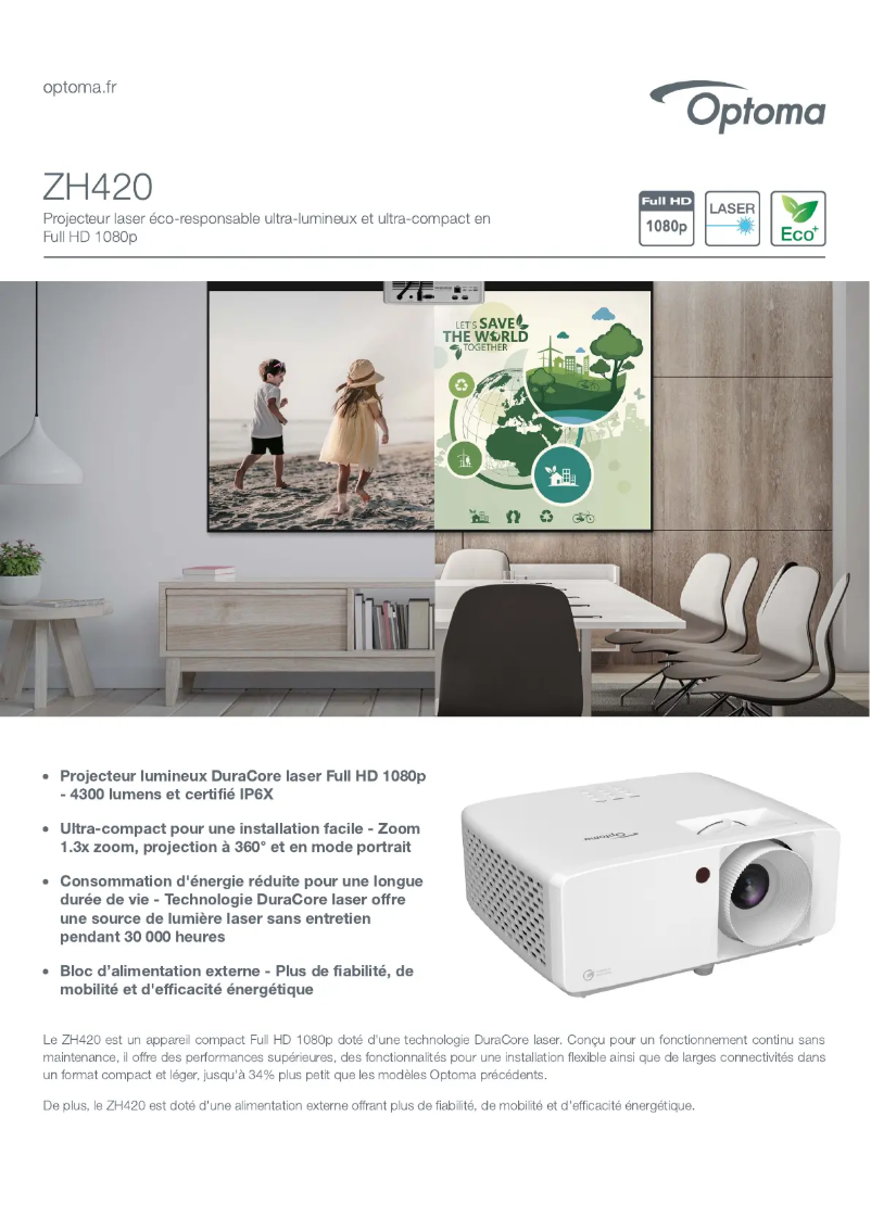 Page 1 de la notice Fiche technique Optoma ZH420