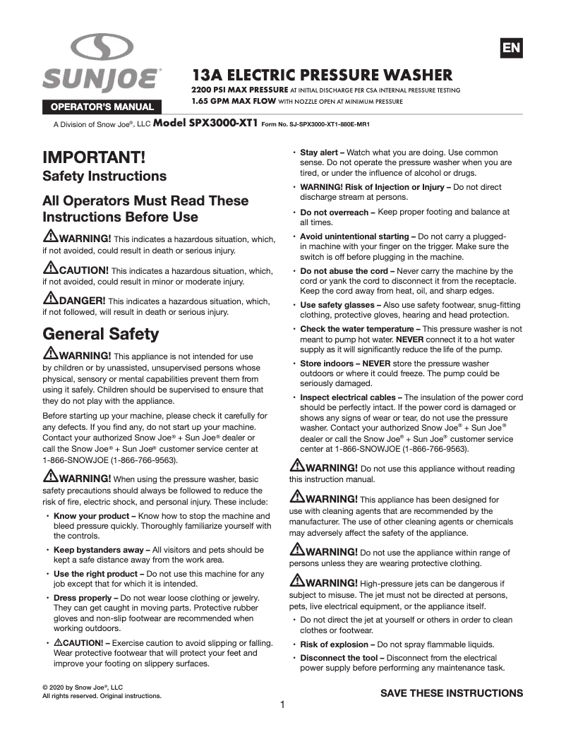 Page n°1 - Manuel utilisateur Sun Joe SPX3000-XT1-MP3