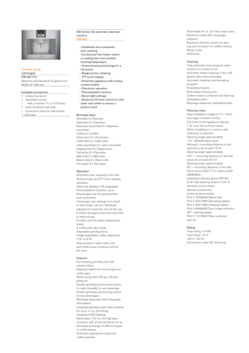 Page 1 de la notice Fiche technique Gaggenau CM450710