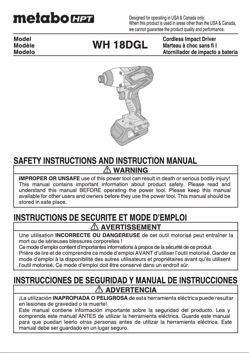 Page 1 de la notice Manuel utilisateur HiKOKI WH18DGL