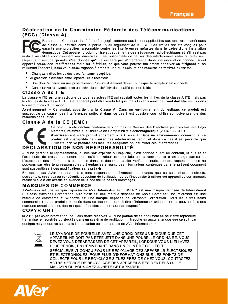 Page 1 de la notice Manuel utilisateur AVer AVerVision F30