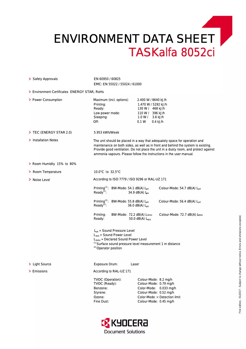 Page 1 de la notice Fiche technique Kyocera TASKalfa 8052ci