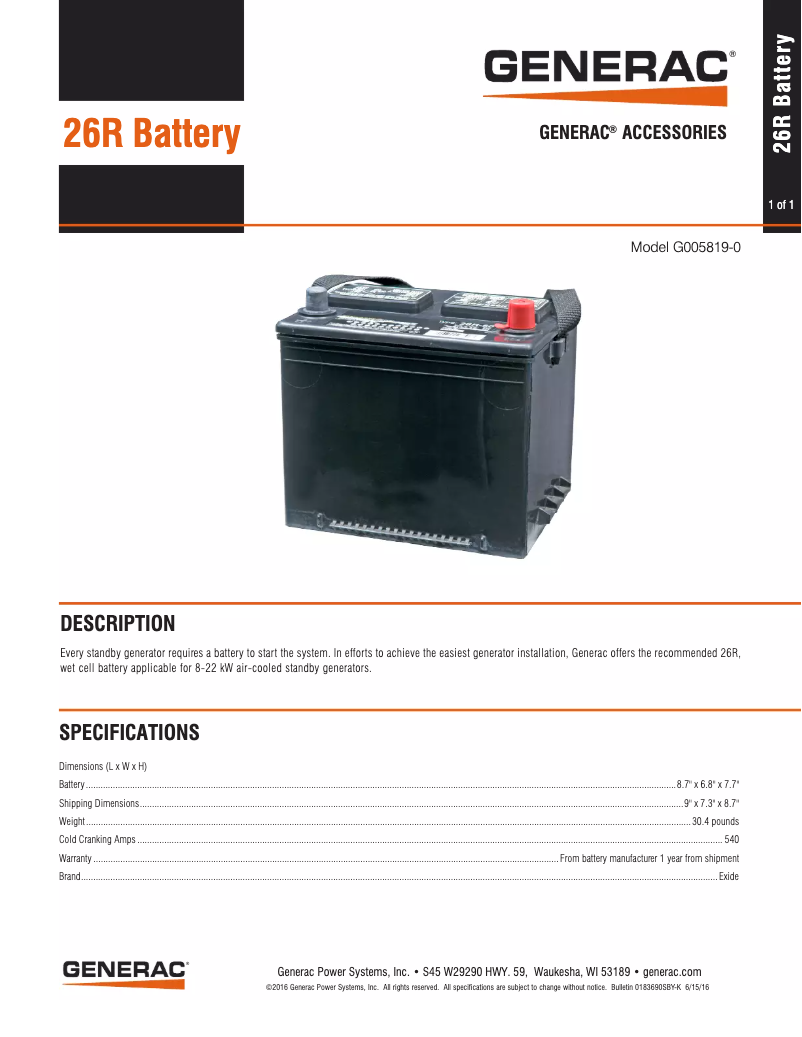 Page n°1 - Manuel utilisateur Generac 26R Battery