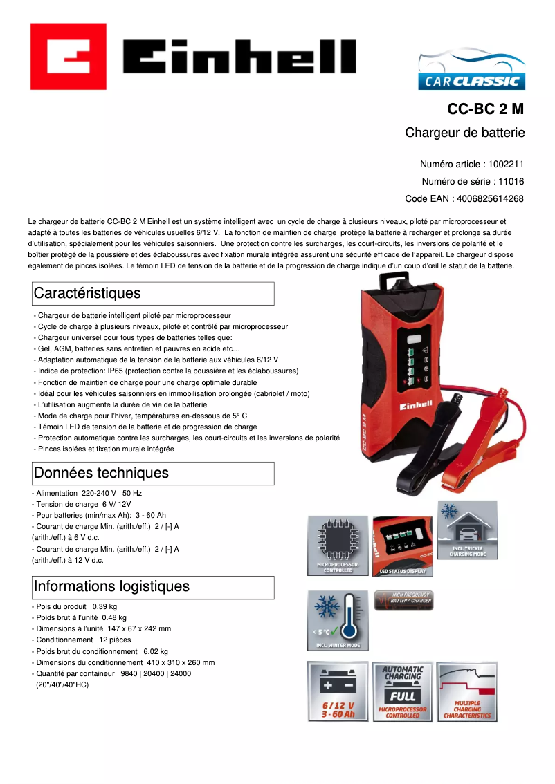 Page 1 de la notice Fiche technique Einhell CC-BC 2 M