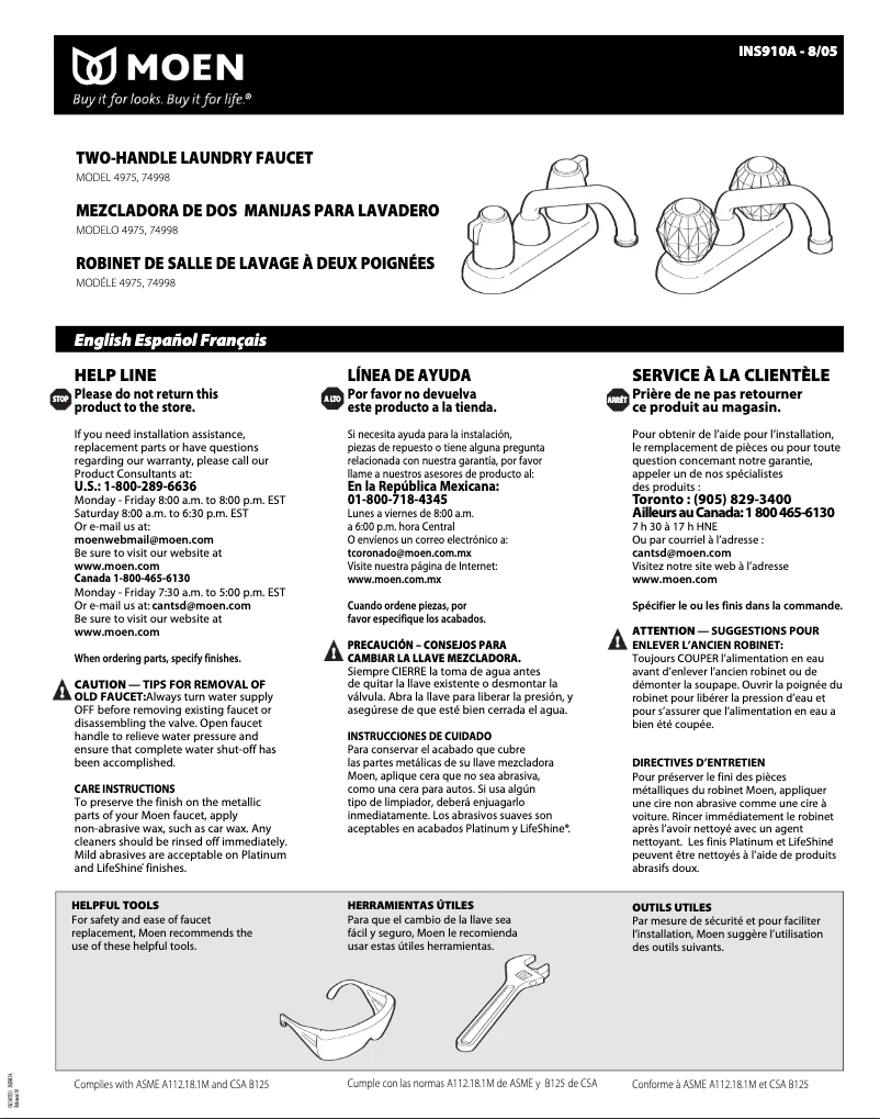 Page 1 de la notice Manuel utilisateur Moen Chateau 4975