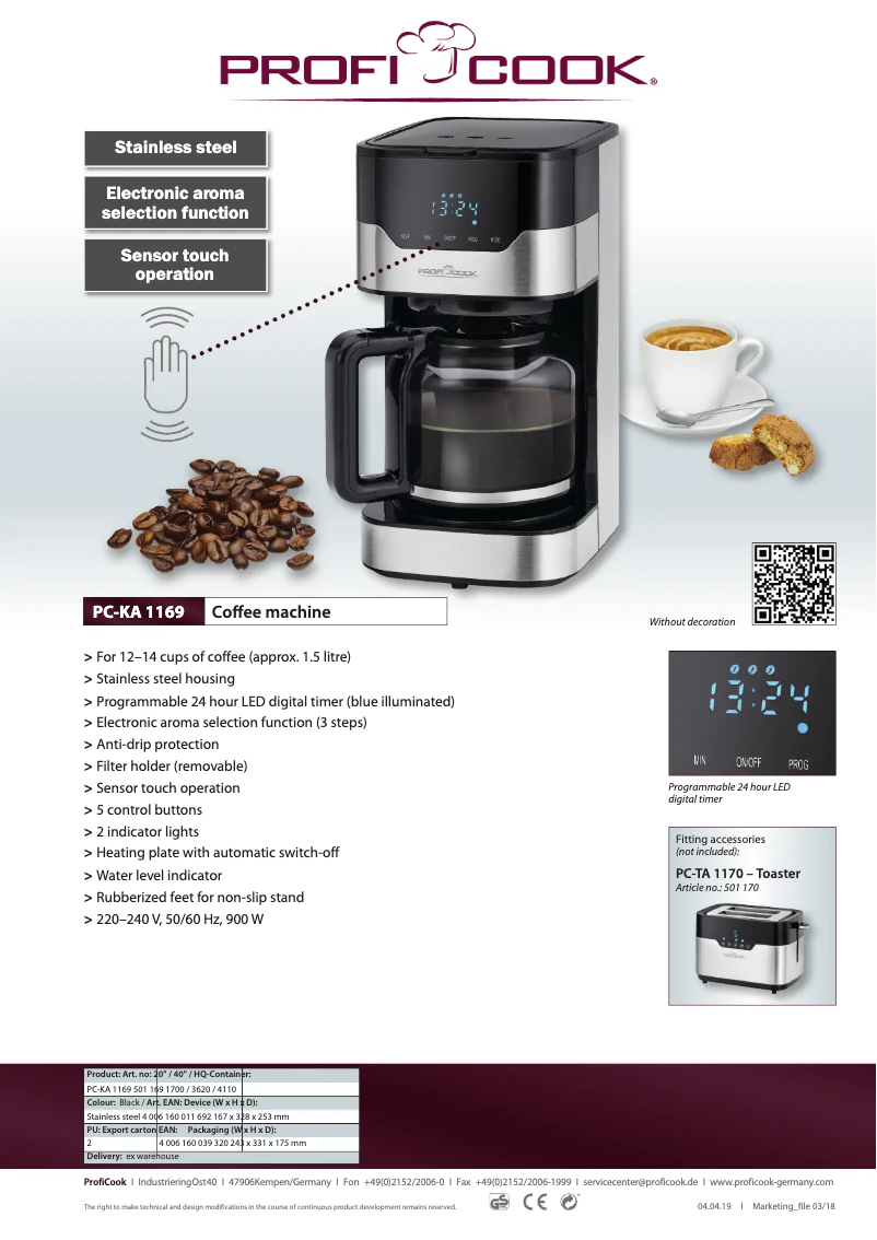 Page 1 de la notice Fiche technique ProfiCook PC-KA 1169
