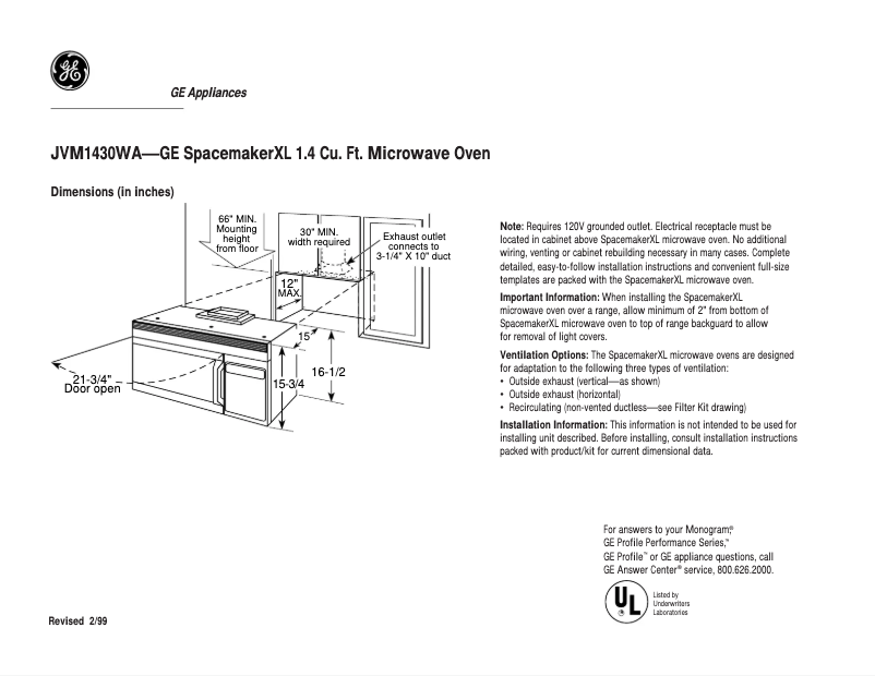 Page n°1 - Fiche technique GE JVM1430WA