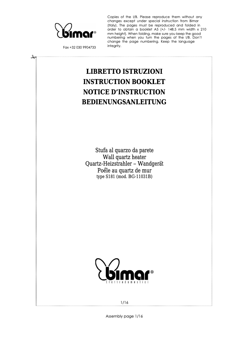 Page 1 de la notice Manuel utilisateur Bimar S181.EU