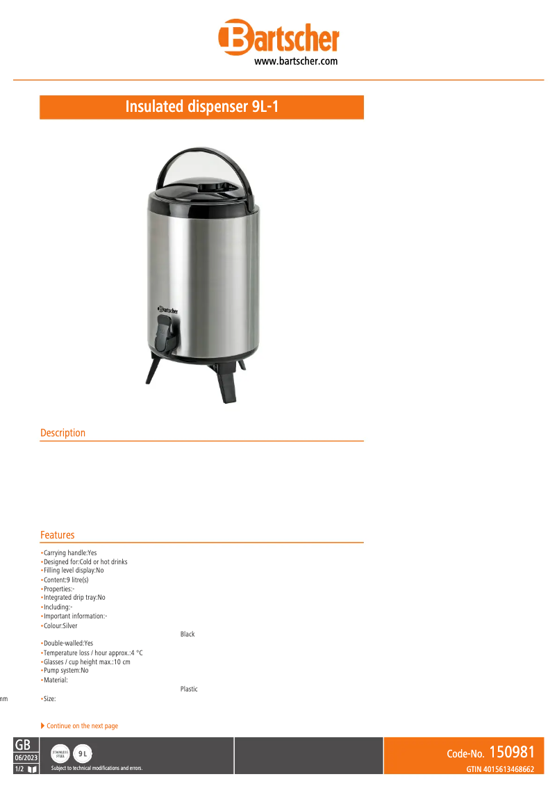 Página 1 del manual Ficha técnica Bartscher 150981