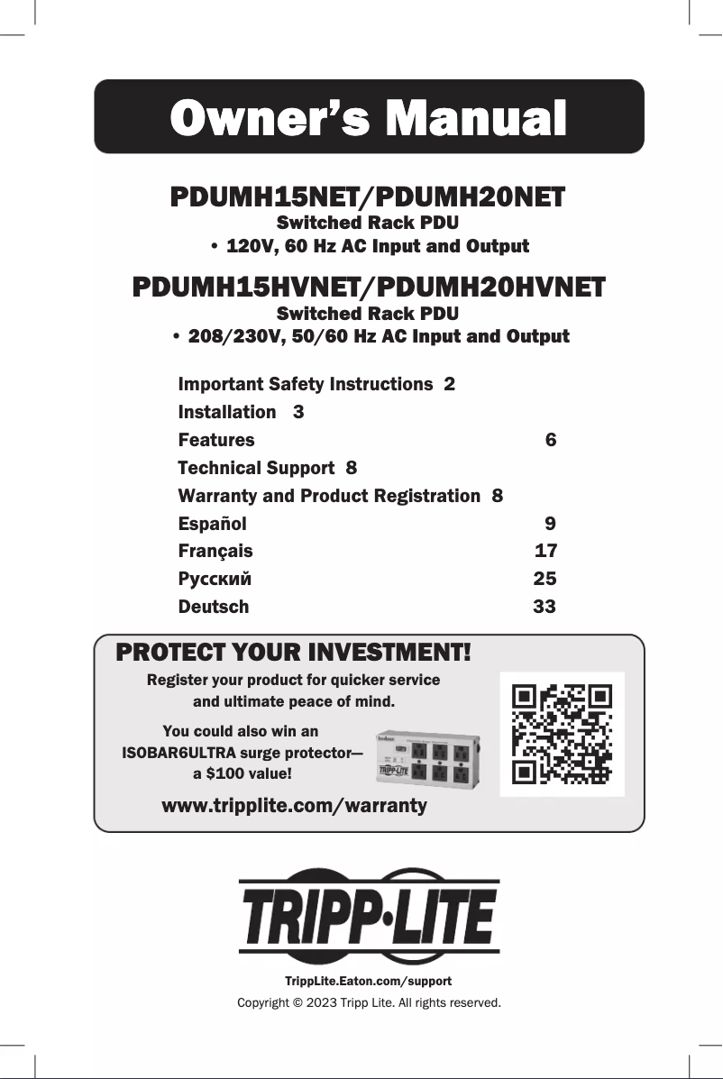 Page 1 de la notice Manuel utilisateur Tripp Lite PDUMH15HVNET