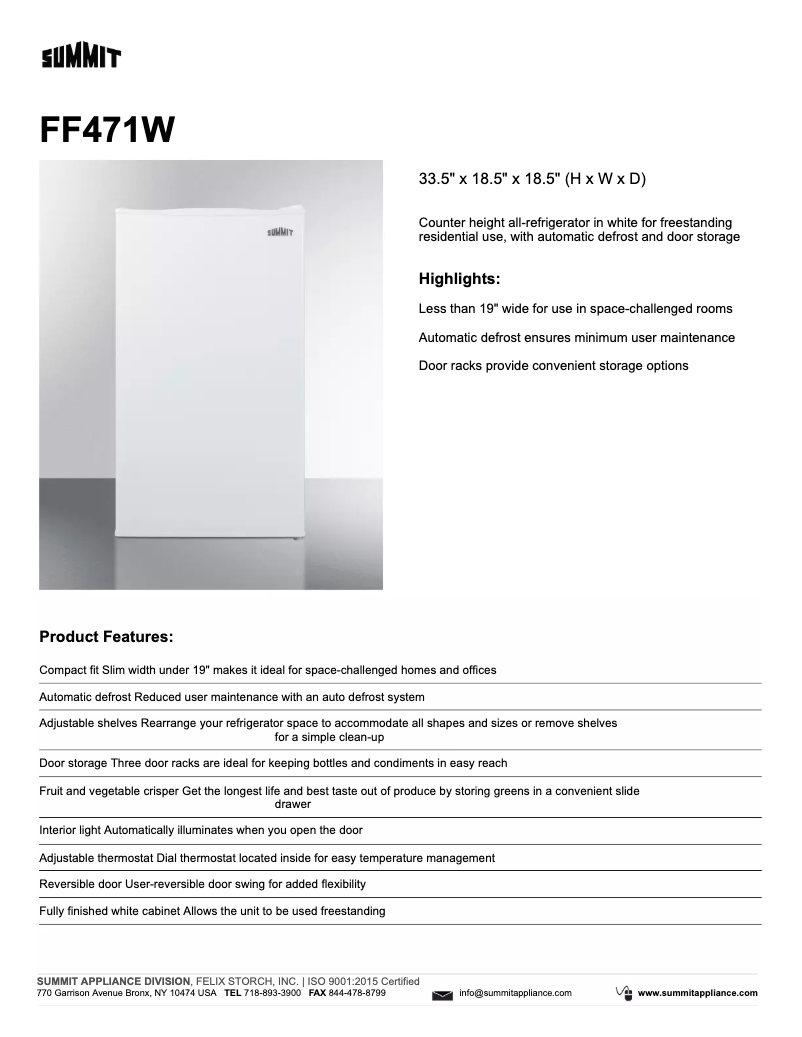 Page n°1 - Fiche technique Summit FF471W