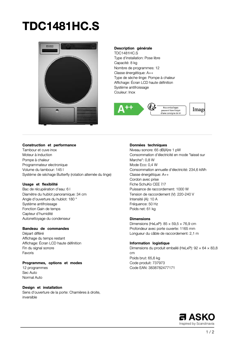 Page n°1 - Fiche technique Asko TDC1481HCS