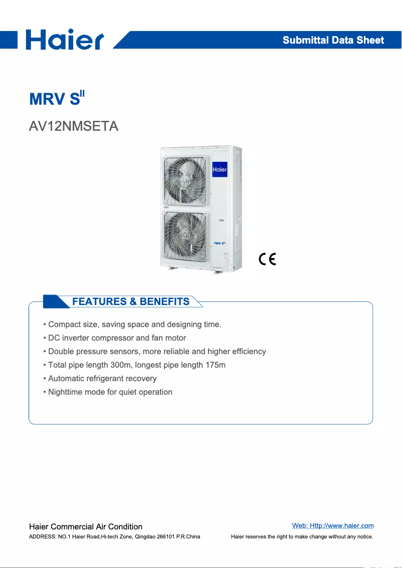 Page 1 de la notice Manuel utilisateur Haier AV12NMSETA