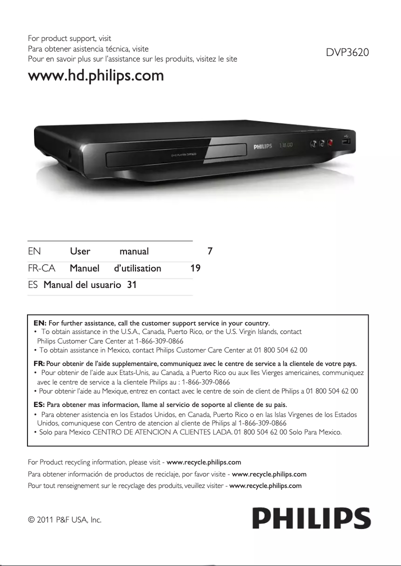Page 1 de la notice Manuel utilisateur Philips DVP3620