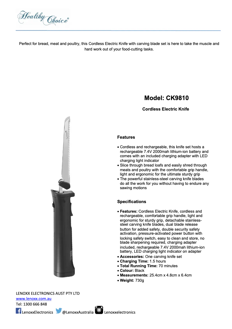Page n°1 - Fiche technique Healthy Choice CK9810