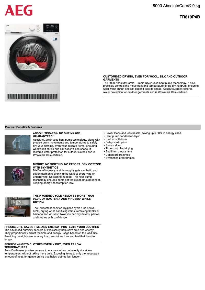 Page 1 de la notice Fiche technique AEG TR819P4B