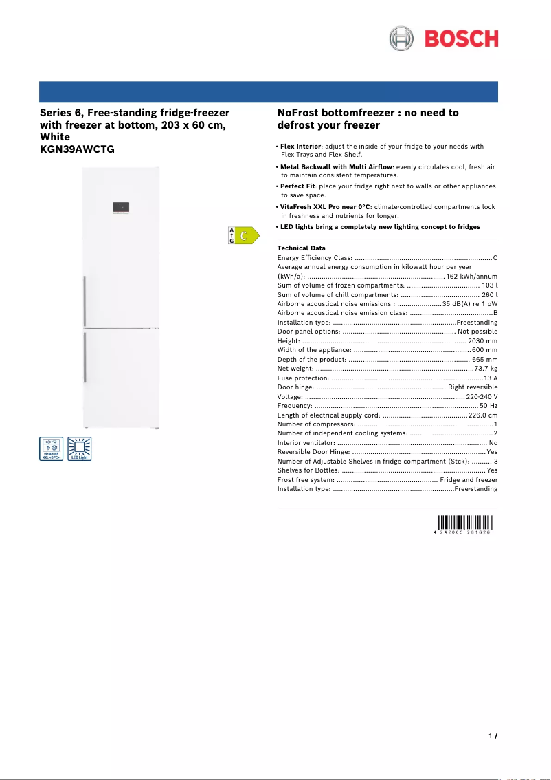 Page n°1 - Fiche technique Bosch Serie 6 KGN39AWCTG