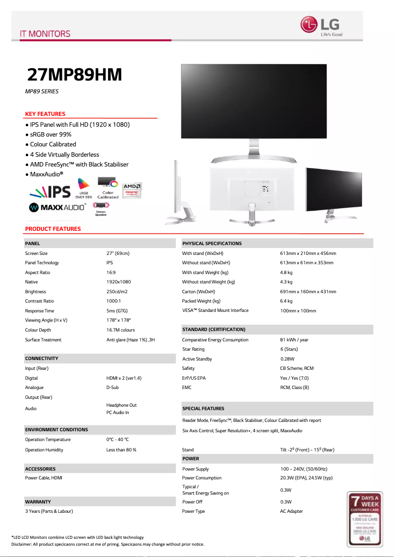 Page 1 de la notice Fiche technique LG 27MP89HM-S