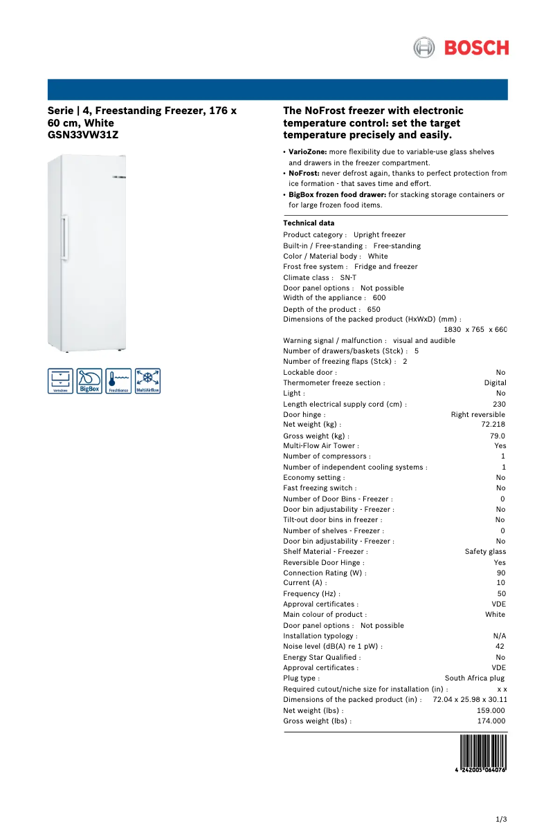 Page 1 of the manual Technical Sheet Bosch GSN33VW31Z