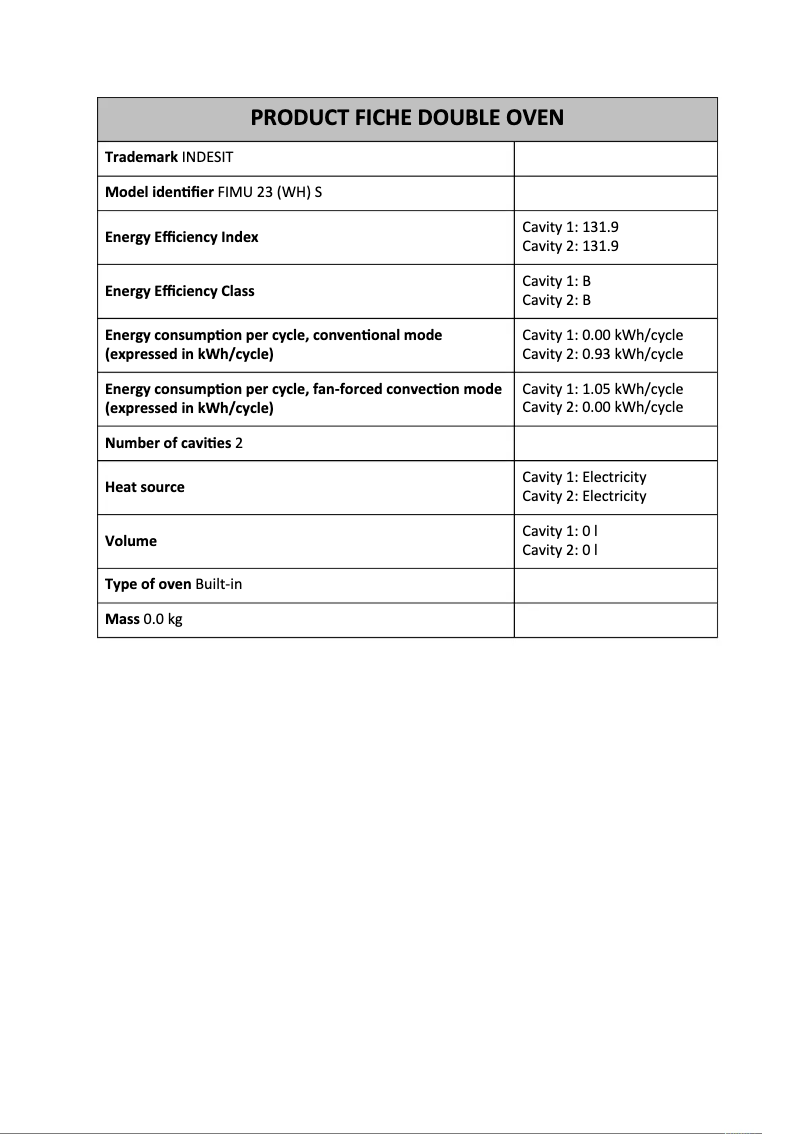 Page 1 de la notice Fiche technique Indesit FIMU 23 WH S