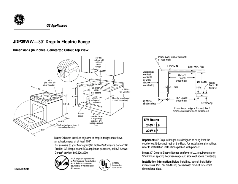 Página 1 del manual Ficha técnica GE JDP39WWWW
