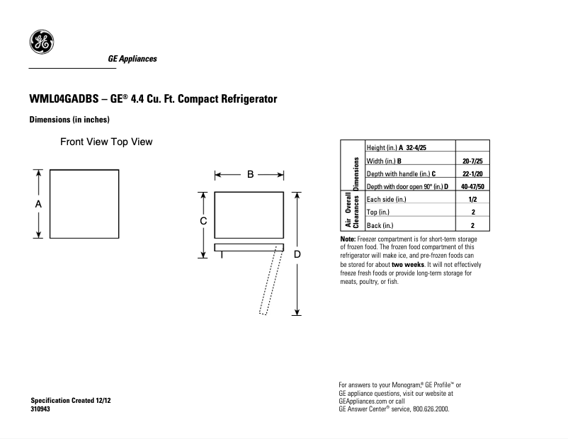 Page 1 de la notice Fiche technique GE WML04GADBS