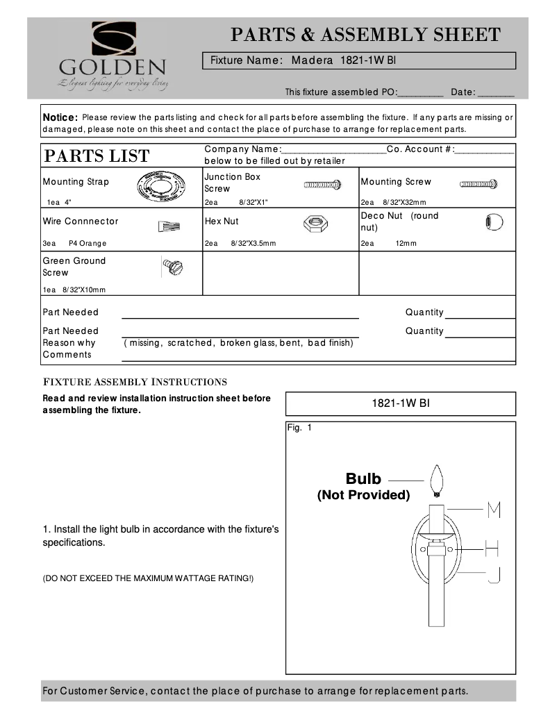 Page n°1 - Manuel utilisateur Golden Lighting Madera 1821-1W BI