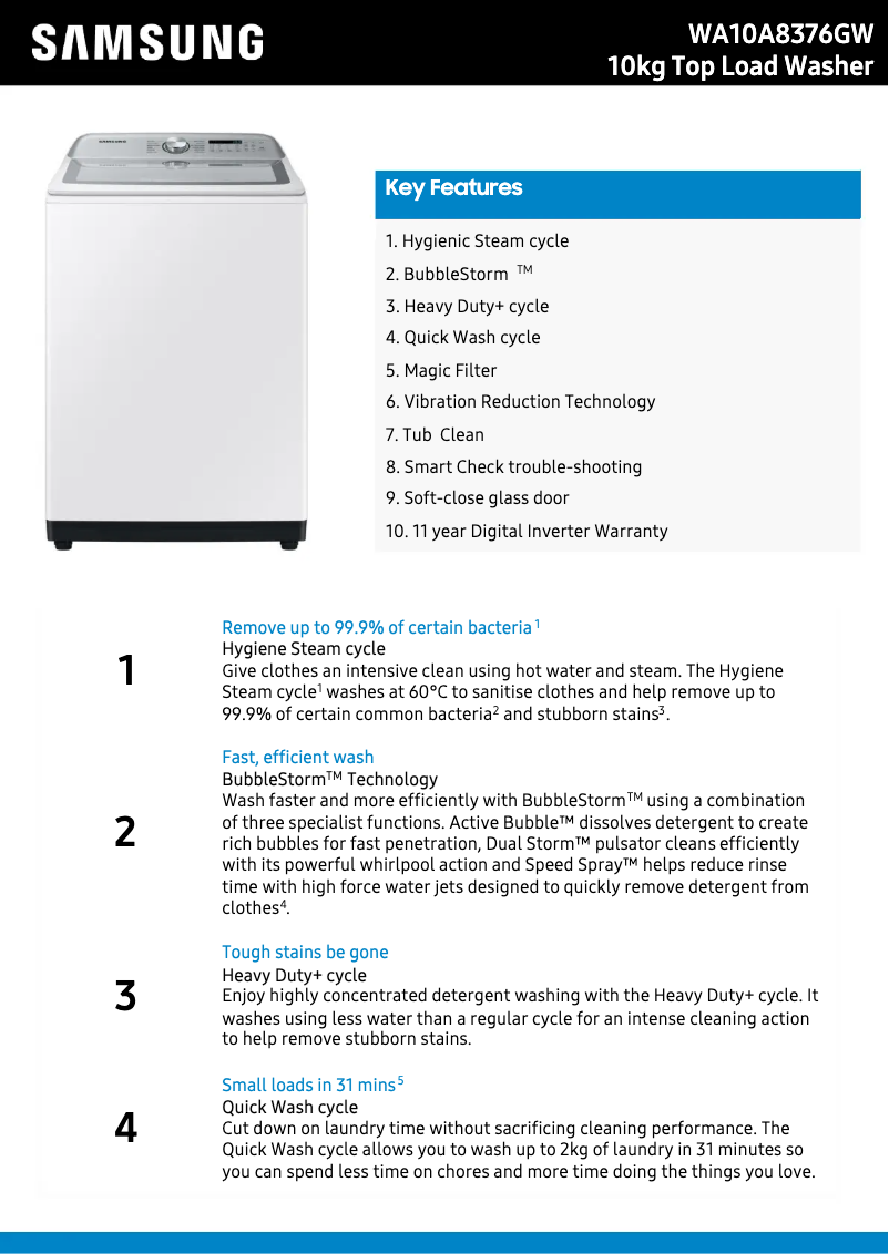 Page 1 de la notice Fiche technique Samsung WA10A8376GW