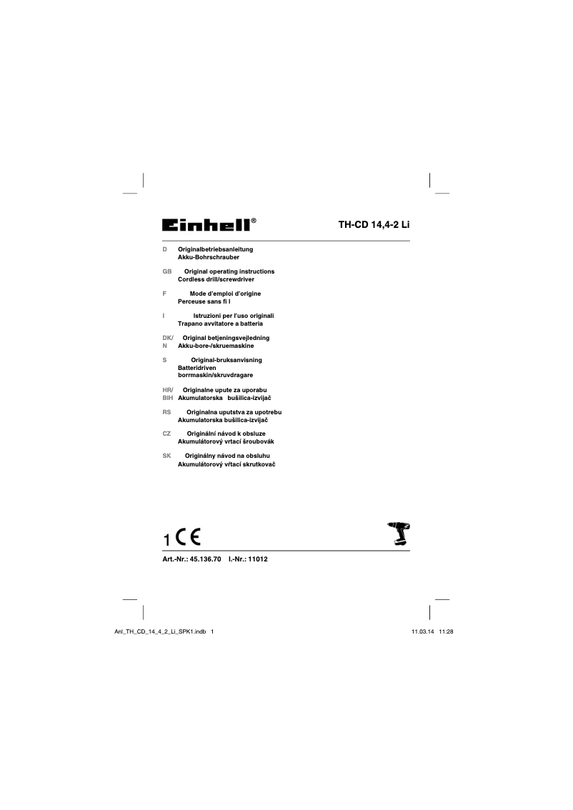 Page n°1 - Manuel utilisateur Einhell TH-CD 14,4-2 Li
