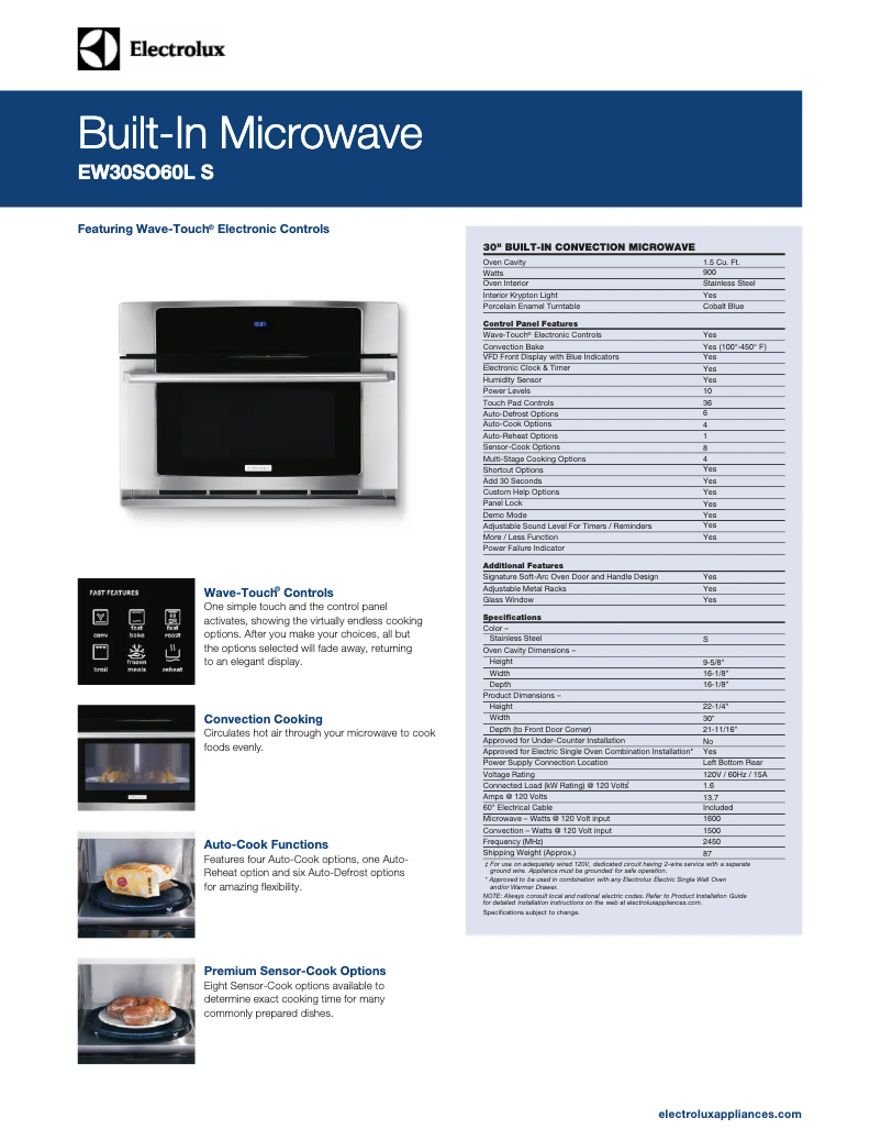Page 1 de la notice Fiche technique Electrolux EW30SO60LS