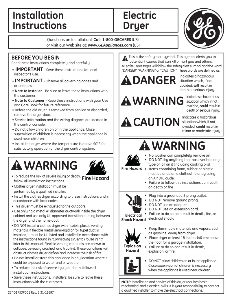 Page 1 de la notice Guide d'installation GE GTDL740EDWW