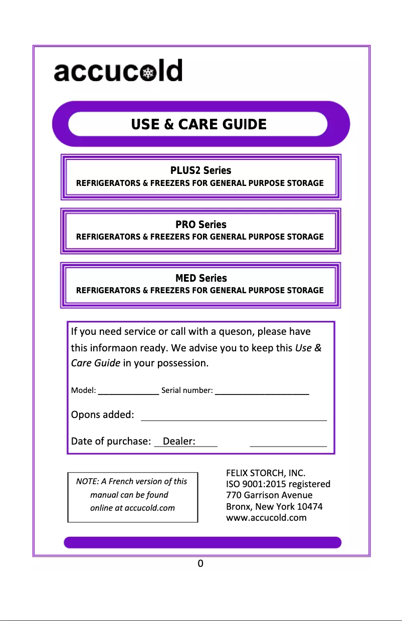 Page n°1 - Manuel d'utilisation et d'entretien Accucold SCR600LPROADA