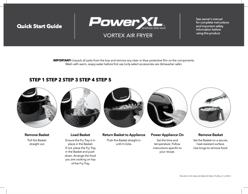Page 1 de la notice Guide de démarrage rapide PowerXL Vortex Air Fryer ID1502A