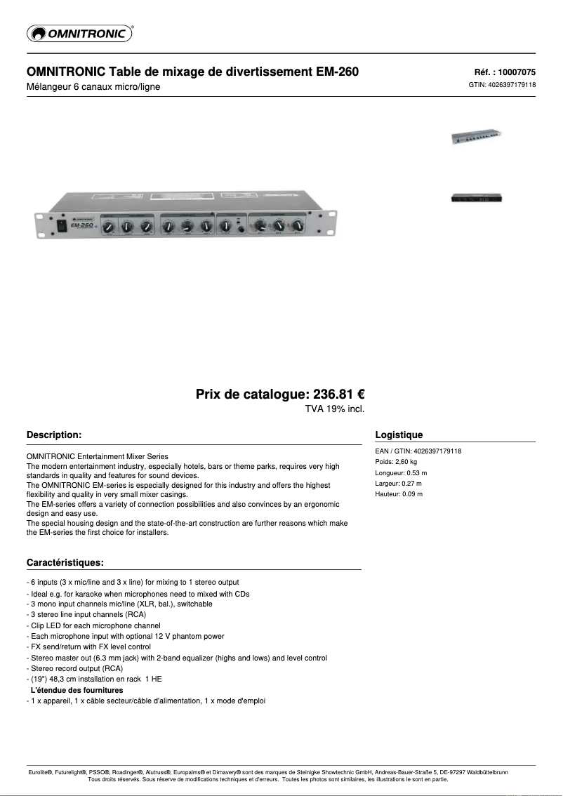 Página 1 del manual Ficha técnica Omnitronic EM-260