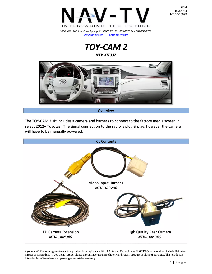 Page n°1 - Manuel utilisateur NAV-TV NTV-KIT057