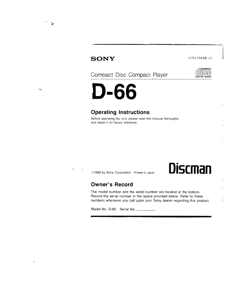 Page 1 de la notice Manuel utilisateur Sony Discman D-66