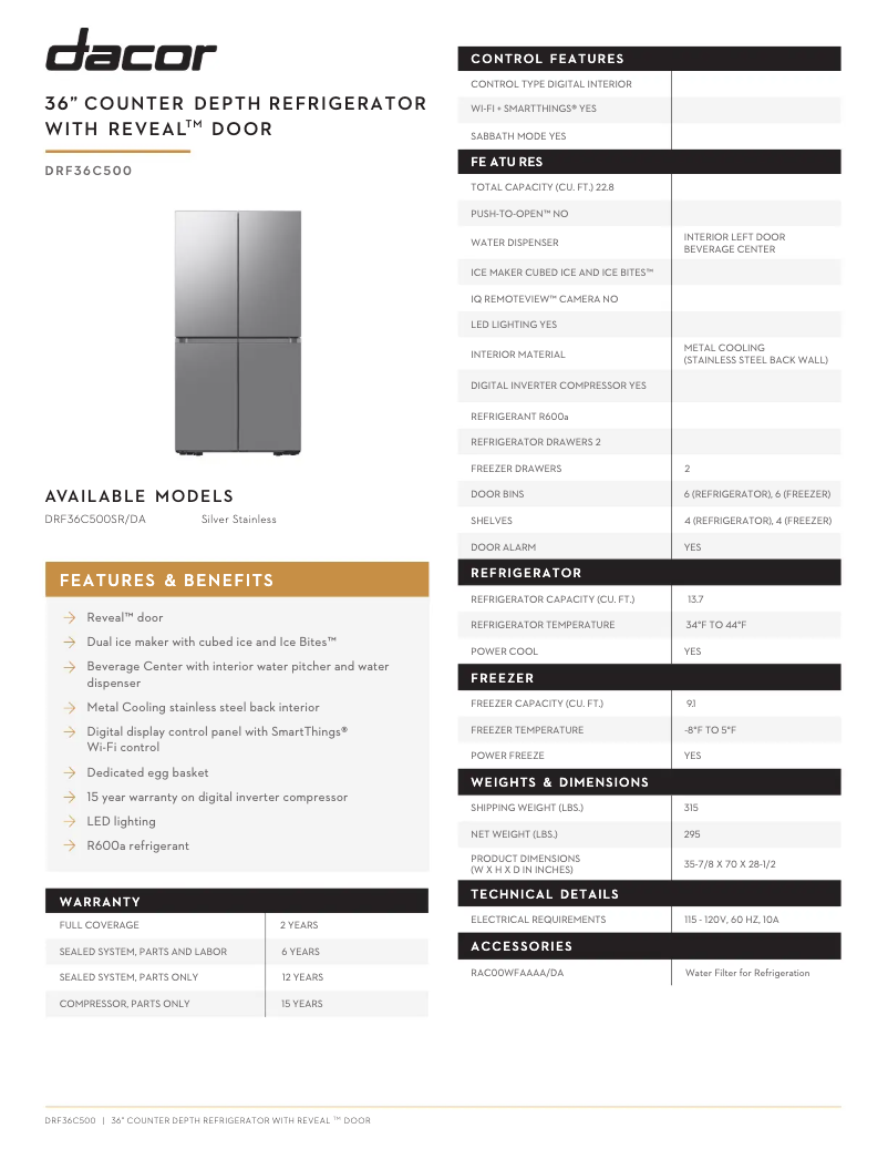 Page 1 de la notice Fiche technique Dacor DRF36C500SR