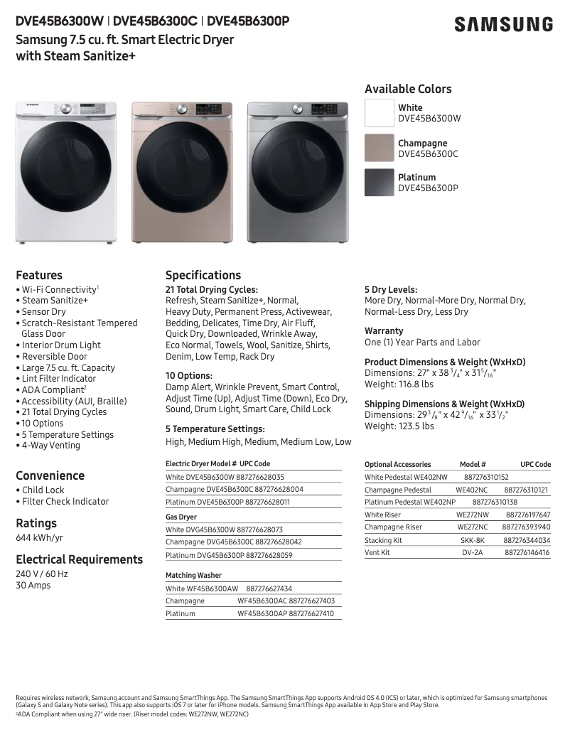 Page 1 de la notice Fiche technique Samsung DVE45B6300C