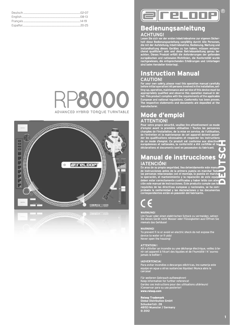 Page 1 de la notice Manuel utilisateur Reloop RP-8000