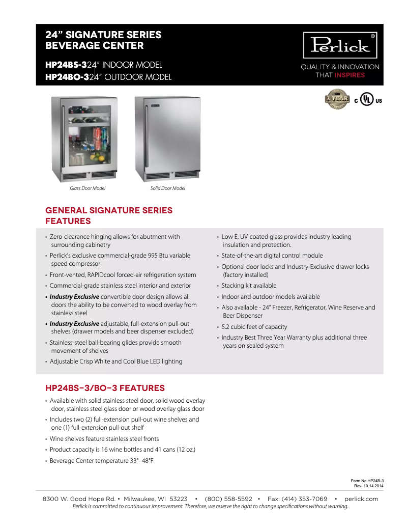 Page 1 de la notice Fiche technique Perlick Signature Series HP24BS-3-4L