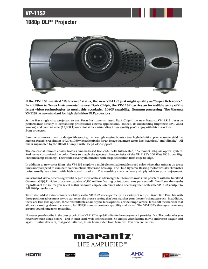 Page 1 de la notice Fiche technique Marantz VP-11S2