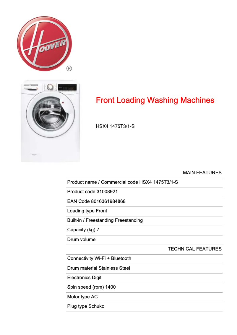 Page n°1 - Fiche technique Hoover HSX4 1475T3/1-S